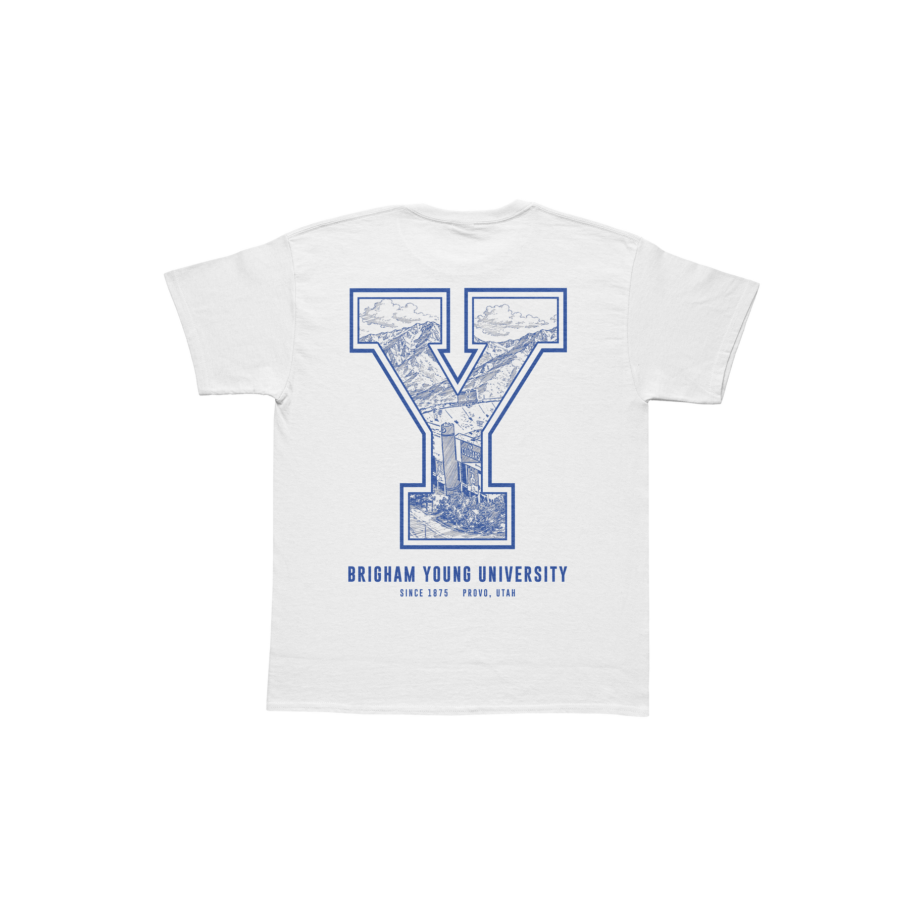 White tee with a custom illustrated university letter graphic
