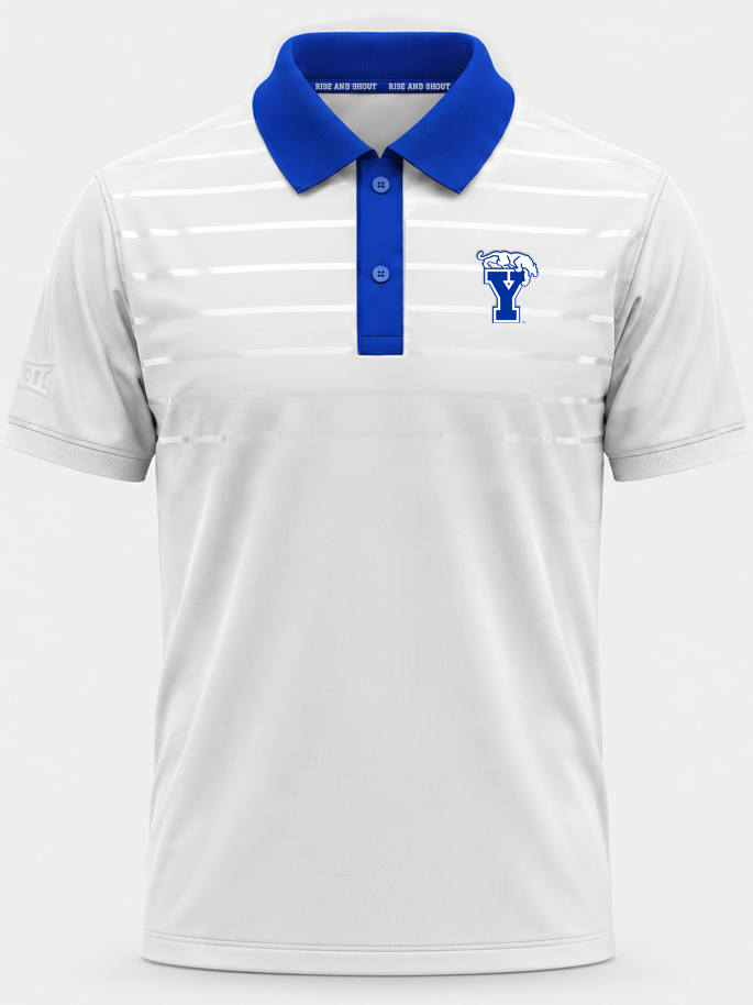 Custom white performance polo with royal blue collar and embroidered school crest