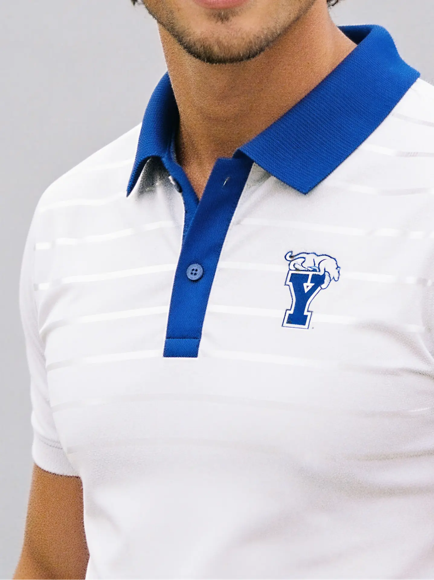 Close-up of an embroidered school logo on a white polo chest